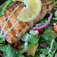 Grilled Salmon Summer Salad · Grilled Salmon, spring mix lettuce, red onion, apples, oranges, candied pecans, FETA cheese ...