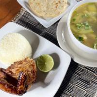 Sopa De Gallina Asada · Soup w/ vegetables, oven roasted chicken, rice, jalapeños & tortillas