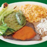 Cecina Ranchera · Delicious grilled salted beef cooked ranchero style, served with grilled cactus, scallions, ...