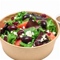 Mediterranean Salad · Field greens, dried cranberries, feta cheese, tomatoes, olives and pomegranate dressing.