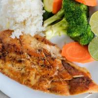 Red Snapper Fillet · Grilled red snapper fillet served with rice, vegetables and a house special sauce.