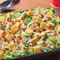 Grilled Chicken Caesar Salad - Serves 6-8 · Crisp romaine, topped with grilled chicken breast, croutons, shaved Parmesan and garlic Caes...
