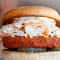 Buffalo Cluckwich · Buffalo RED CluckPatty, Creamy CluckSlaw, Organic Pickles & Garlicky Ranch.  Allergies: Chik...