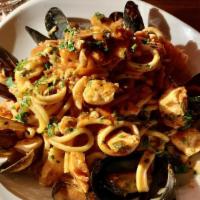 Spaghetti  Al Frutti Di Mare · Seafood spaghetti, mussels, shrimp, calamari, salmon, white wine, garlic, tomato sauce.
