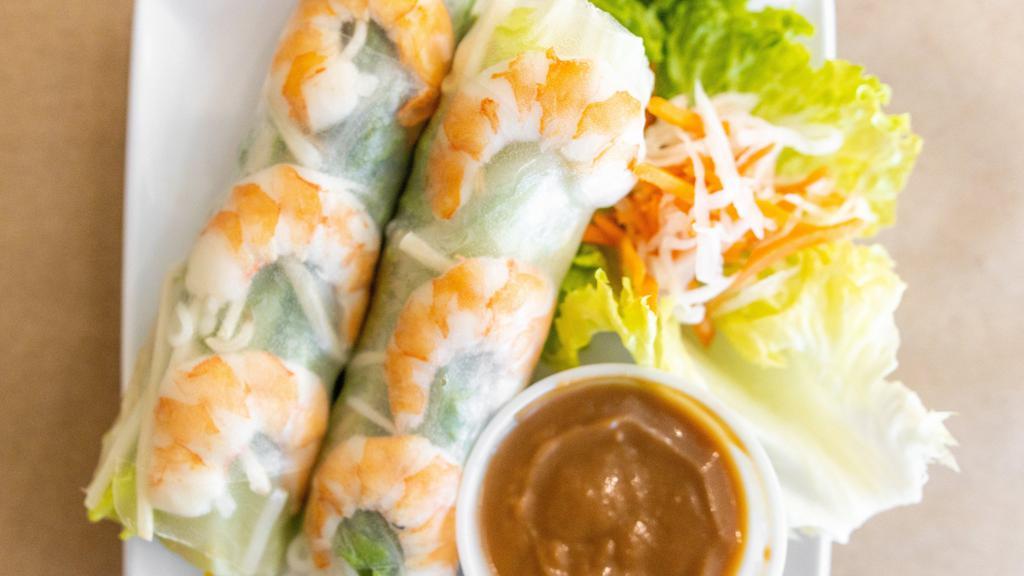 Shrimp Roll (2) · Rice paper wrap, rice noodles, cooked shrimp, grilled chicken and lettuce.