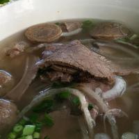 Pho Beef  · Eye round beef, meatball, rice noodles, beef broth, onion, pepper.