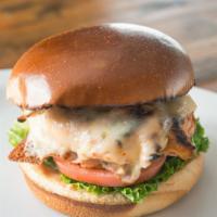 Masala Chicken Burger · Chicken breast marinated in indian spices, pepper jack cheese.