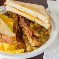 Home Fry Platter · Your choice of breakfast meat with two eggs, toast, and home fries.