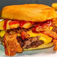 Crispy Burger · Double smash burger with American cheese, bacon, crispy fries, and ketchup.