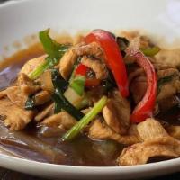 Kapow Perfect · Your choice of meat stir-fried with fresh sweet basil leaves, onion, scallion, bell pepper s...