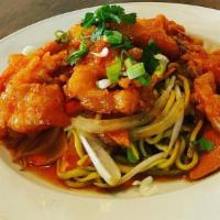 Lomein Lover · Fried shrimp in our sweet and sour chili sauce served over stir-fried lomein noodles with on...