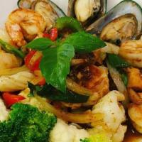 Phuket Seafood · Mixed seafood stir fry with onion, scallion, bell pepper, fresh young peppercorn, carrot, sw...