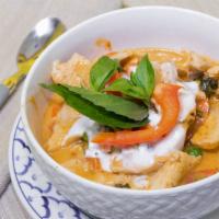 Panang Curry · Simmered​ in rich red panang curry paste in coconut milk with bell peppers, zucchini, basil ...