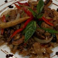 Pad Kee Mao (Drunken Noodles) · Stir-fried flat rice noodles with your choice of meat, baby corn, chili, garlic, bell pepper...