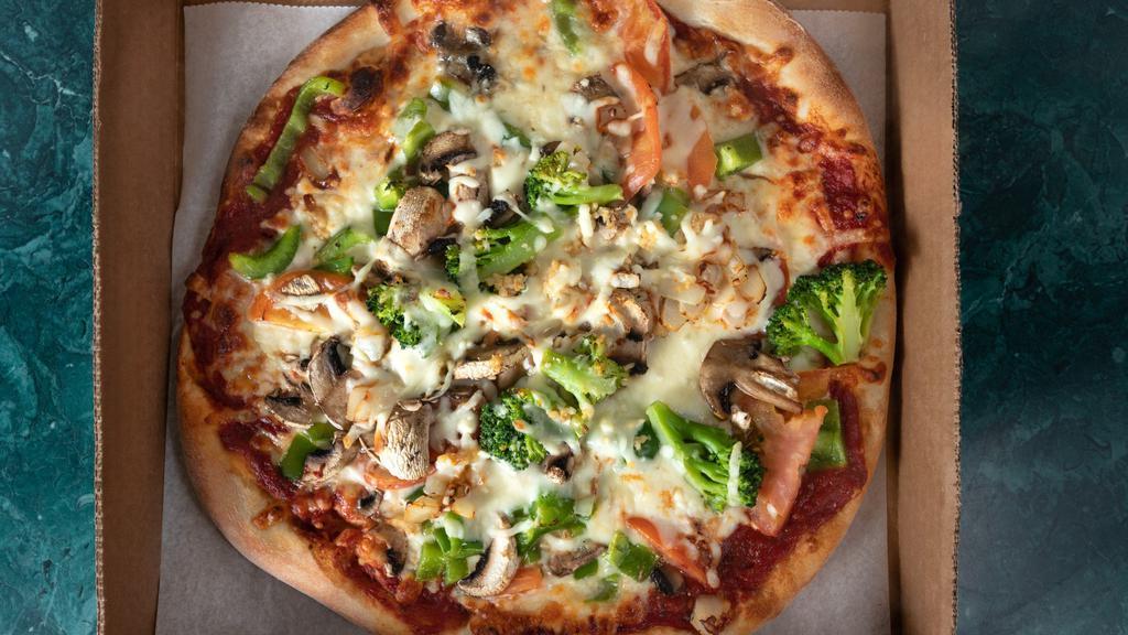 Vegetarian Pizza · Onion, pepper, mushroom, tomatoes, broccoli, olives & garlic