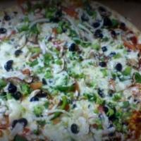 Greek Pizza · Feta cheese, olives & tomato
