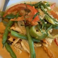 Panang Curry · Coconut milk, green bean, carrot and bell pepper with sweet & spicy curry sauce.