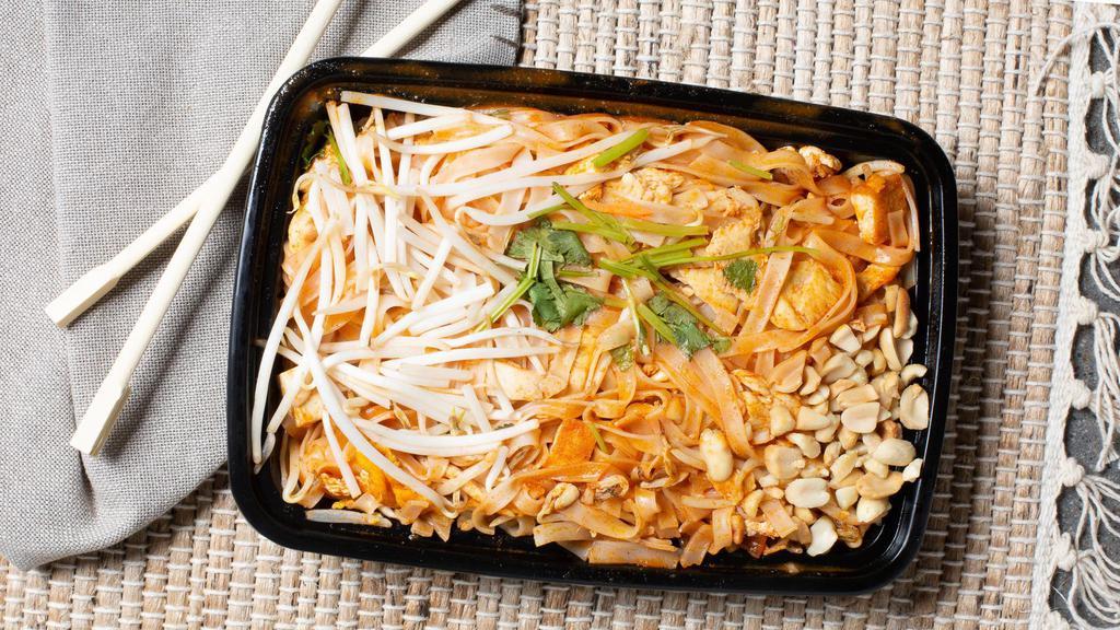 Pad Thai Noodles · Stir fried thin rice noodles, bean sprouts, scallion, egg, tofu and crushed peanut.