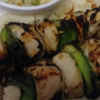 Chicken Shishkabob Dinner · 2 kabobs, 2 pitas and your choice between french fries, rice, or mac n cheese.