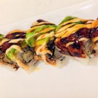 Dark Dragon · Shrimp tempura top with Eel and Avocado, Eel sauce, Spicy Mayo