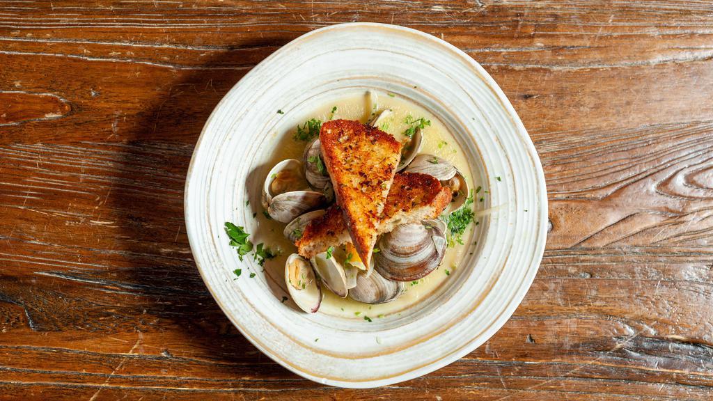 Steamed Clams · Middle necks, white wine sauce, toasted sourdough.