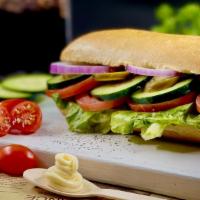 Garden Veggie Sandwich · American cheese, lettuce, tomatoes, cucumbers, red onions, jalapenos, and mayo.