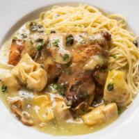 Chicken Picatta · Sauteed chicken in lemon butter sauce with artichoke, capers. Served on angel hair pasta