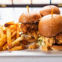 Southern-Fried Chicken Sliders · Hand-battered, crispy fried chicken breast, topped with crispy onions, lettuce, and chipotle...