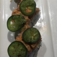 Chorishi'S Fire Roll · Spicy tuna, jalapeno, wasabi, tobiko with shrimp tempura stuffed on the inside.