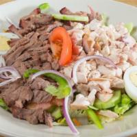 Chef Salad 2 Meats · Includes (boiled eggs, iceberg/romaine lettuce, carrots, tomato. cucumber, green pepper, red...