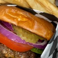 Burger Basket
 · Season Homemade Beef Patty with Mayo, Mustard, Leaf Lettuce, Tomatoes, Onions and Pickles on...