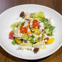 Greek Salad  · Romaine lettuce, feta cheese, cucumbers, cherry tomatoes, red onions, red peppers, green pep...