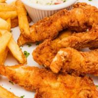 3 Piece Tender W/ Fries & Ranch · Deep-fried chicken tenders with a side of fries and ranch.
