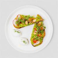 Avocado Toast · Poached eggs*, smashed avocado, cherry tomatoes, pickled chilies, radish, fried garlic, micr...