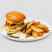 All American Burger · Two 4oz patties topped with American cheese, shredded lettuce, pickles, tomato and thousand ...