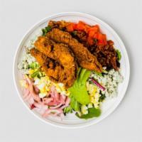Ted'S Cobb · Fried chicken, applewood bacon, deviled eggs, tomato, pickled onions, avocado, gorgonzola ch...