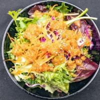 House Salad · Spring mix, carrot, cabbish, ginger dressing.