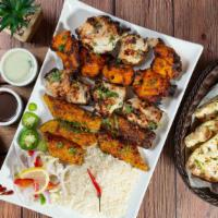Shahi Mix Platter · Serving For 3-4. Chicken tikka, chicken malai boti, beef seekh kabob, chicken seekh kabob, 4...