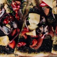 Veggie Flatbread · Vegan pesto, cremini mushroom, red onion, calabrian chiles, fire roasted tomatoes, artichoke...