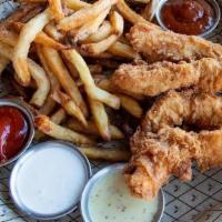 Dixie-Fried Chicken Strips & Side [Classic] · Choice of sriracha buffalo or Blatt BBQ, tossed or on the side, served with bacon ranch, blu...