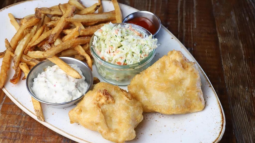 Beer-Battered Fish & Chips · White cod, creamy coleslaw, natural cut fries, tartar sauce
