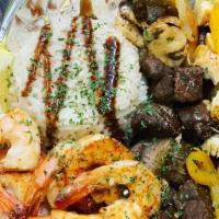 3 Meat Trio · Steak chicken shrimp bell peppers onions pita bread rice or potatoes