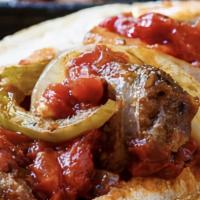 Sausage Peppers & Onions Sandwich · Served on 10' long Italian bread.