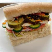 Good Earth Sub & Cheese · Lettuce, tomatoes, onions, carrots, cucumbers, black olives, dill pickles, bean sprouts, mus...
