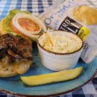 Little Rock Stock Burger  · Angus top sirloin burger topped with havarti and cheddar cheese and sautéed mushrooms served...