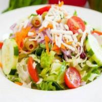 Garden Salad · Mixed lettuce, onions, grape tomatoes, carrots, cucumber and mozzarella cheese.