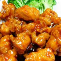 General Tao'S Chicken · Hot and spicy. Marinated chicken chunks touch fried till crispy, flamingly sautéed in specia...