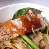 Roast Duck Flat Rice Noodle Soup · 
