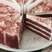 Red Velvet Cake · A red hued chocolate layer cake, filled and iced wtih a smooth cream cheese frosting, finish...