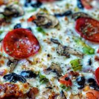 Hayat Special Pizza · House made dough, pizza sauce beef and chicken Jambon, green pepper, mushroom, black olive, ...